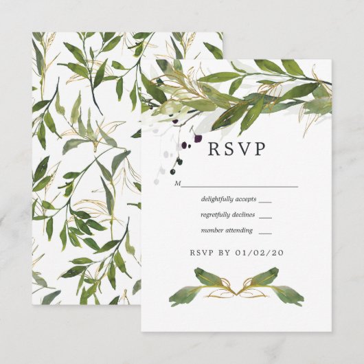 Waterverf Leafy Greenery Wedding RSVP Kaartje (Voorkant / Achterkant)