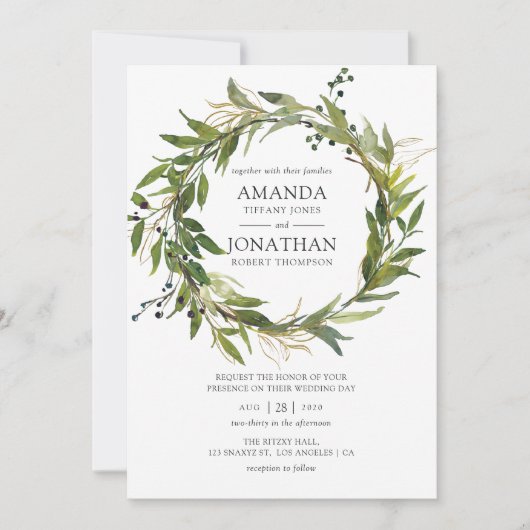 Waterverf Leafy Greenery Wreath Wedding Kaart (Voorkant)