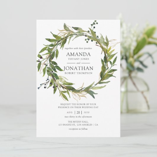 Waterverf Leafy Greenery Wreath Wedding Kaart (Staand voorkant)