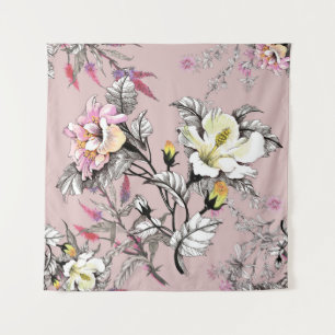 Waterverf Leaves Flowers Roze Patroon Wandkleed