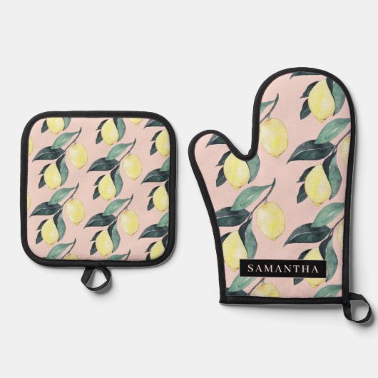 Waterverf leemons en gele naadloze patronen ovenwant & pannenlap set (Voorkant)