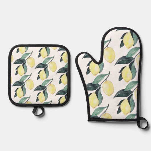 Waterverf leemons en gele naadloze patronen ovenwant & pannenlap set (Voorkant)