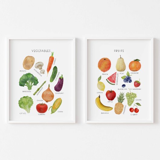 waterverf leergroenten en fruit poster muurkunst sets
