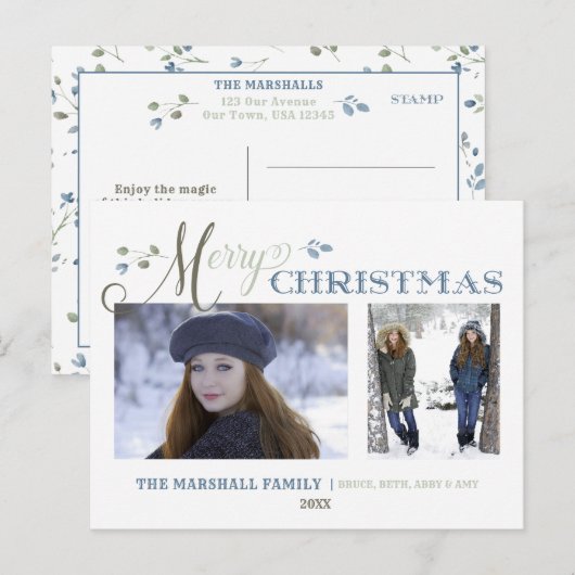 Waterverf leest | 2 Foto | Vrolijk kerstfeest Feestdagenkaart (Voorkant / Achterkant)