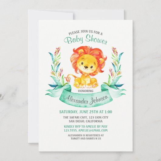 Waterverf Leeuw Baby shower Invitation Kaart (Voorkant)