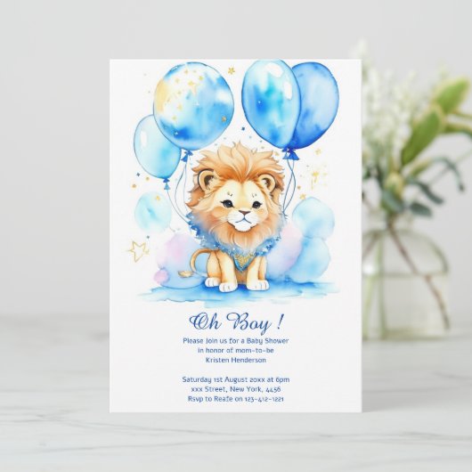 Waterverf Leeuw Baby shower Invitation Kaart (Staand voorkant)