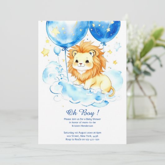 Waterverf Leeuw Baby shower Invitation Kaart (Staand voorkant)