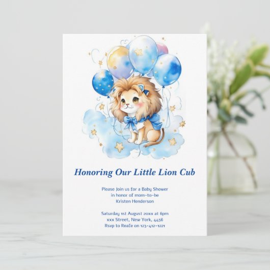Waterverf Leeuw Baby shower Invitation Kaart (Staand voorkant)
