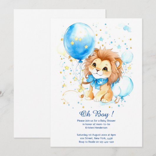 Waterverf Leeuw Baby shower Invitation Kaart (Voorkant / Achterkant)