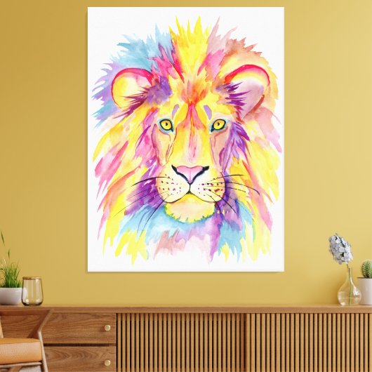 Waterverf Leeuw Canvas Art - Kleurrijk Dier (Insitu (Woonkamer))