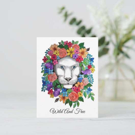 Waterverf leeuw en regenboogbloemen briefkaart (Staand voorkant)