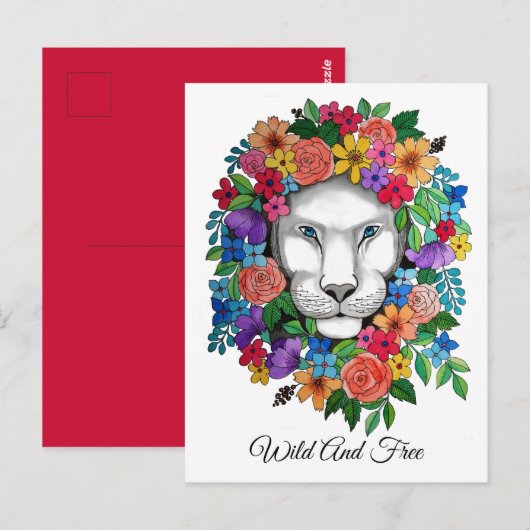 Waterverf leeuw en regenboogbloemen briefkaart (Voorkant / Achterkant)