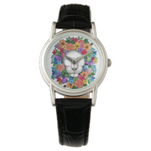 Waterverf leeuw en regenboogbloemen horloge