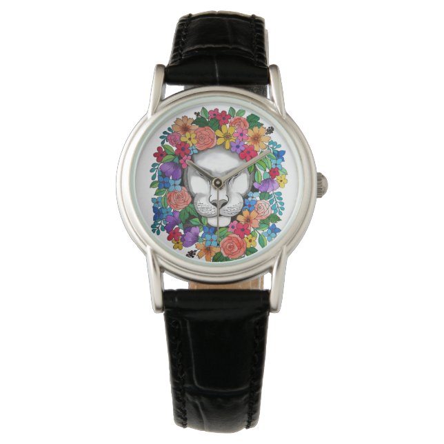 Waterverf leeuw en regenboogbloemen horloge (Voorkant)