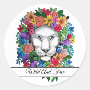 Waterverf leeuw en regenboogbloemen ronde sticker
