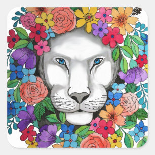 Waterverf leeuw en regenboogbloemen vierkante sticker