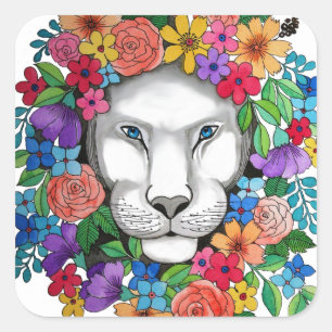 Waterverf leeuw en regenboogbloemen vierkante sticker