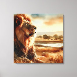 Waterverf leeuw op de savanne canvas afdruk