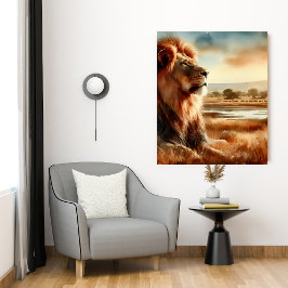 Waterverf leeuw op de savanne canvas afdruk