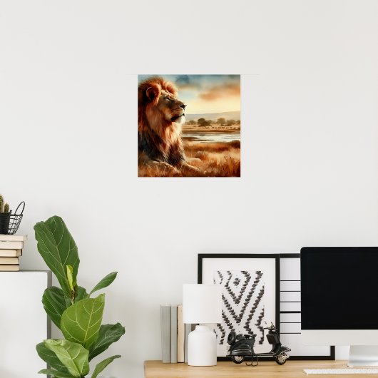 Waterverf leeuw op de savanne poster (Thuiskantoor)
