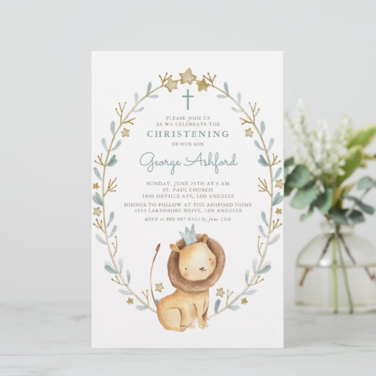 Waterverf Leeuw Prince Boy doopuitnodiging (Staand voorkant)