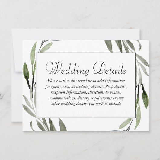 Waterverf lef Wreator Border Wedding Details Kaart (Voorkant)