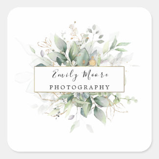 Waterverf lekt en goudolievlek groen kunstwerk vierkante sticker