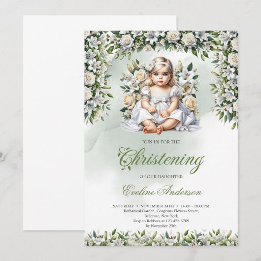 Waterverf lelies en rozen meisje doop kaart (Voorkant / Achterkant)