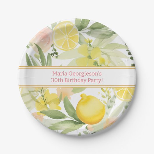 Waterverf Lemon Bloemen Thema Verjaardagsfeest Papieren Bordje (Voorkant)