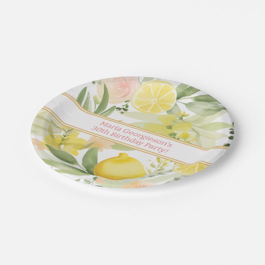 Waterverf Lemon Bloemen Thema Verjaardagsfeest Papieren Bordje (Gekanteld)