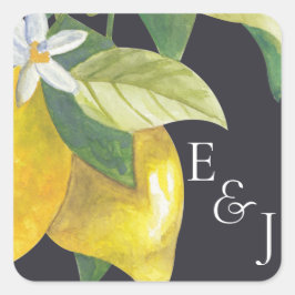 Waterverf Lemon Blossom Monogram Bruiloft Vierkante Sticker
