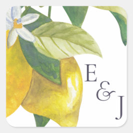 Waterverf Lemon Blossom Monogram Bruiloft Vierkante Sticker