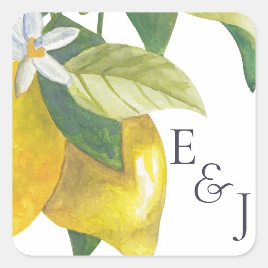 Waterverf Lemon Blossom Monogram Bruiloft Vierkante Sticker (Voorkant)