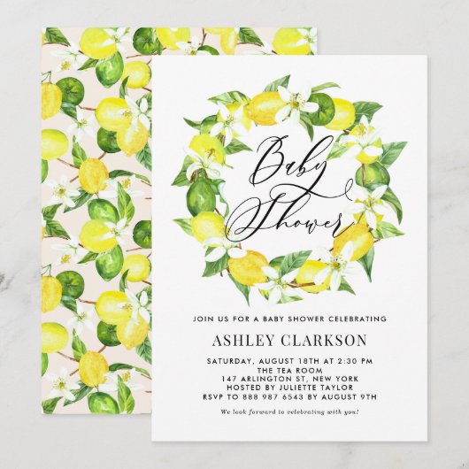 Waterverf Lemon Blossom Wreath Baby shower Kaart (Voorkant / Achterkant)