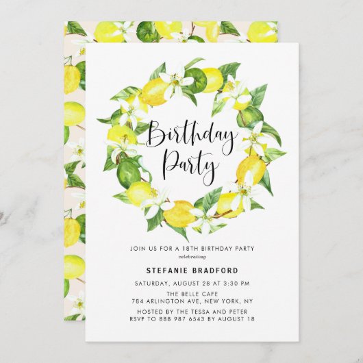 Waterverf Lemon Blossom Wreath Birthday Party Kaart (Voorkant / Achterkant)