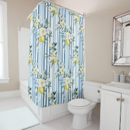 Waterverf Lemon Blue White Stripe Douchegordijn