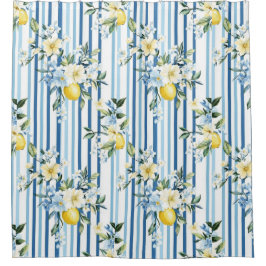 Waterverf Lemon Blue White Stripe Douchegordijn