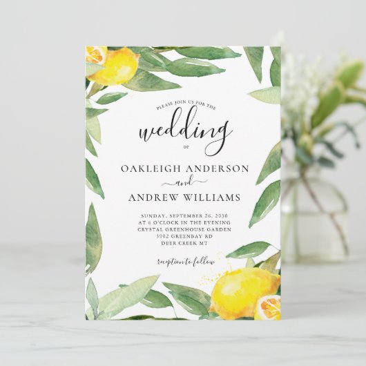 Waterverf Lemon Botanical Wedding Kaart (Staand voorkant)