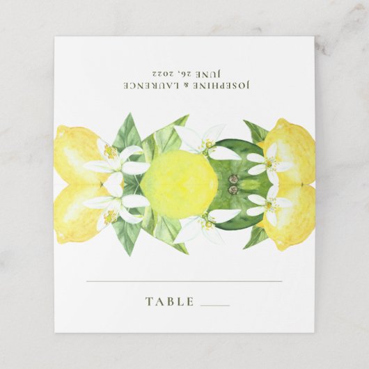 Waterverf Lemon Botanical Wedding Place Card Plaatskaartje (Buitenkant ongevouwen)