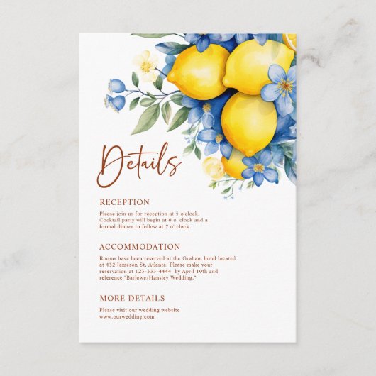 Waterverf Lemon Botanische bruiloft Details Informatiekaartje (Voorkant)