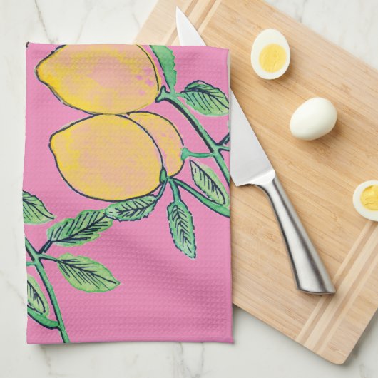 Waterverf Lemon Bunch Hand Geschilderd Roze Theedoek (Quarter Fold)