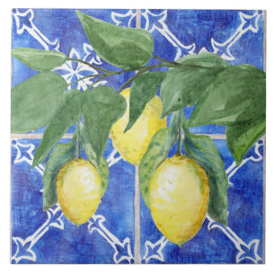 Waterverf Lemon Citrus Foliage Blue White Pattern Tegeltje
