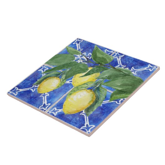 Waterverf Lemon Citrus Foliage Blue White Pattern Tegeltje (Zijkant)