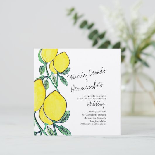 Waterverf Lemon Citrus Script Wedding Kraft Kaart (Staand voorkant)