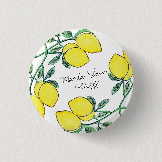 Waterverf Lemon Citrus Script Wedding Ronde Button 3,2 Cm (Voorkant)