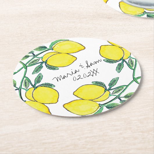 Waterverf Lemon Citrus Script Wedding Ronde Kartonnen Onderzetter (Gebogen)