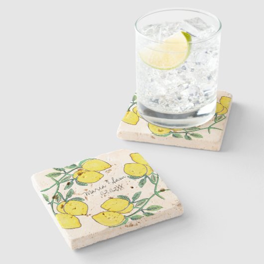 Waterverf Lemon Citrus Script Wedding Stenen Onderzetter (Zijkant)
