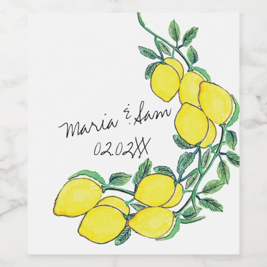 Waterverf Lemon Citrus Script Wedding Wijn Etiket (Enkel label)