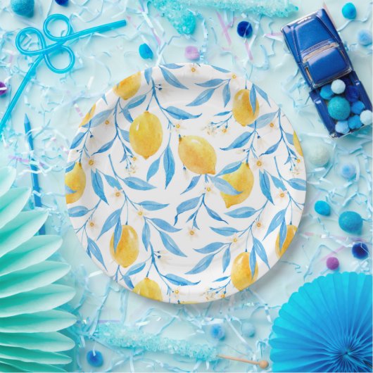 Waterverf Lemon en Blauwe Bladeren Papieren Bordje (Feest)