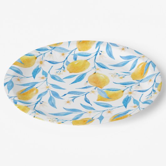 Waterverf Lemon en Blauwe Bladeren Papieren Bordje (Gekanteld)